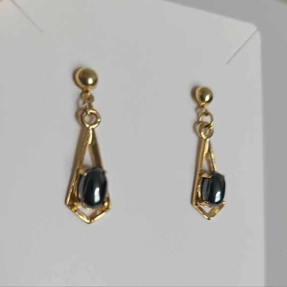 Vintage Gold Plated Ball Hematite Cabochon Drop Dangle Evening Boho Earrings - Picture 3 of 8